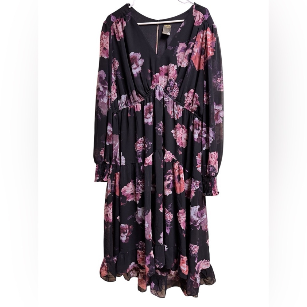 Taylor Woman Black Floral Ruffle Midi Dress Plus Size 3X (See Measurements)